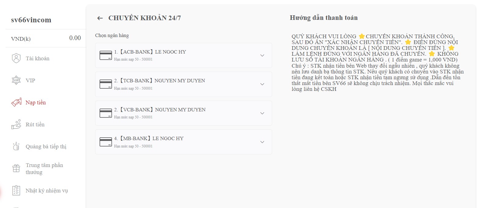 Nạp tiền SV66 - Hướng dẫn cách giao dịch thành công 9 Giao dịch chuyển khoản 24/7